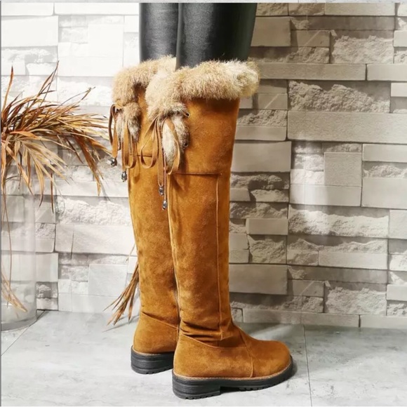 New Brown Vegan Suede Faux Fur and Lined Over The Knee High Flat Heel Boots - Picture 2 of 6